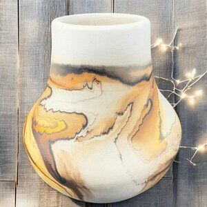 Vintage Nemadji Pottery Vase Vessel Multicolor Swirls Round Bottom Made In USA